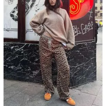 Leopard Print Pants for Women Animal Cheetah Print Pajama Pj Pants Y2k Wide Leg Going Out Pants Bottoms Streetwear