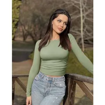 OQQ Womens Shirts Long Sleeve Crew Neck Ruched Stretch Basic Fitted Tee Shirts Tops Pea Green