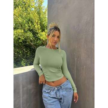 OQQ Womens Shirts Long Sleeve Crew Neck Ruched Stretch Basic Fitted Tee Shirts Tops Pea Green