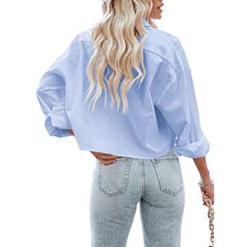 Tankaneo Womens Button Down Cropped Shirts Long Sleeve Casual Crop Tops Solid Lapel Blouse Shirt with Chest Pocket