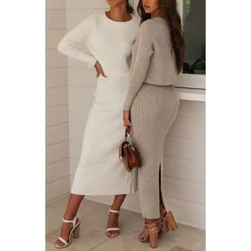 CHARTOU Women Two Piece Sweater Skirt Set Outfits Knit Sweater Top Pullover Knitted Slit Bodycon Pencil Skirt (Medium,White)