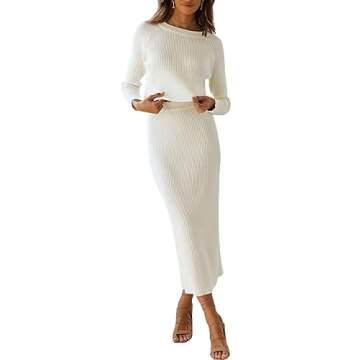 CHARTOU Women Two Piece Sweater Skirt Set Outfits Knit Sweater Top Pullover Knitted Slit Bodycon Pencil Skirt (Medium,White)