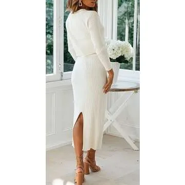 CHARTOU Women Two Piece Sweater Skirt Set Outfits Knit Sweater Top Pullover Knitted Slit Bodycon Pencil Skirt (Medium,White)