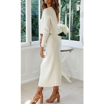 CHARTOU Women Two Piece Sweater Skirt Set Outfits Knit Sweater Top Pullover Knitted Slit Bodycon Pencil Skirt (Medium,White)