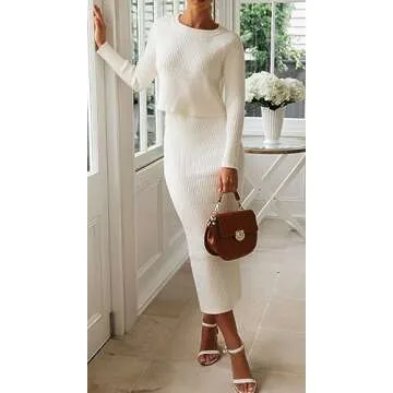 CHARTOU Women Two Piece Sweater Skirt Set Outfits Knit Sweater Top Pullover Knitted Slit Bodycon Pencil Skirt (Medium,White)