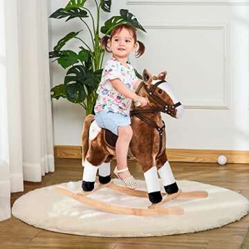 Qaba Kids Rocking Horse Plush Ride On Toy Toddler Rocker for Boys Girls Gifts with Realistic Sounds,...