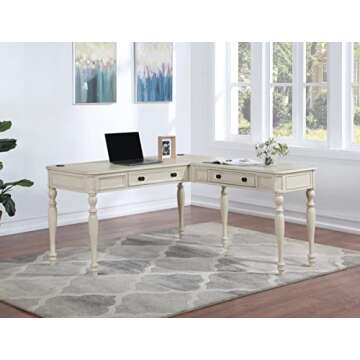 OSP Home Furnishings Country Meadows L-Shape Desk with 2 Full Drawers and Power Hub, Antique White