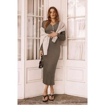 OUGES Women's 2025 Winter Wool Blend Maternity Sweater Midi Dress for Photoshoot Baby Shower Trendy Slim Fit Outfits Fall Bodycon V Neck Long Sleeve Ribbed Knit Pregnancy Must Have Clothes(Coffee,S)