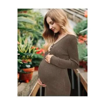 OUGES Women's 2025 Winter Wool Blend Maternity Sweater Midi Dress for Photoshoot Baby Shower Trendy Slim Fit Outfits Fall Bodycon V Neck Long Sleeve Ribbed Knit Pregnancy Must Have Clothes(Coffee,S)