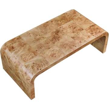 Meridian Furniture 269-C Cresthill Collection Mid-Century Modern Coffee Table with Ash Burl Wood, Natural Ash Finish, Curved Art Deco Design, 48" W x 24" D x 16" H, Natural