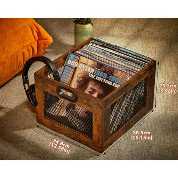 3IngSeagulls Vinyl Record Storage Crate Wooden Record Holder, Classic Cube Record Organizer Storage 100+ Records, Brown Color Vinyl Record Holder for Albums Super Easy to Assemble…