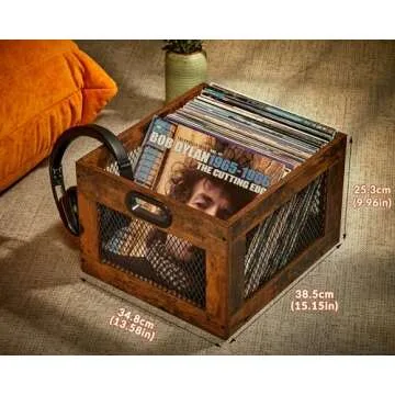 3IngSeagulls Vinyl Record Storage Crate Wooden Record Holder, Classic Cube Record Organizer Storage 100+ Records, Brown Color Vinyl Record Holder for Albums Super Easy to Assemble…