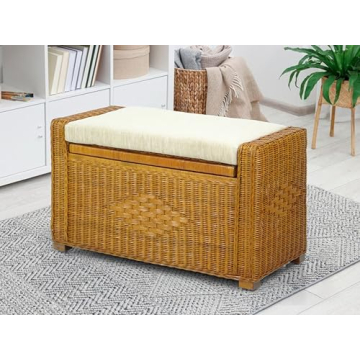 Bruno Handmade 32 Inch Rattan Wicker Chest Storage Trunk Organizer Ottoman W/Cushion Colonial
