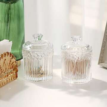 2 Pack Qtip Holder Glass Apothecary Jars with Lids Bathroom Accessories Vanity Organizers and Makeup Storage Canister for Cotton Ball, Cotton Swab, Floss, Candy, Clear