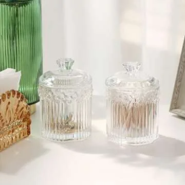 2 Pack Qtip Holder Glass Apothecary Jars with Lids Bathroom Accessories Vanity Organizers and Makeup Storage Canister for Cotton Ball, Cotton Swab, Floss, Candy, Clear
