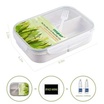Itopor® Ideal Leak-Proof Bento Box for Kids,Wheat Fiber Materials Lunch Box Kids,Microwave & Dishwasher Safe Bento Box Adult,Durable BPA-Free Lunch Containers with Utensils(White 1300ml)