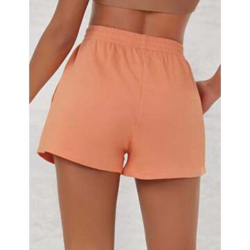 Romwe Women's Running Shorts Drawstring Elastic Waist Athletic Yoga Workout Shorts with Pocket Coral Orange S