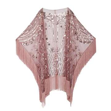 PrettyGuide Women's Evening Shawl Beaded 1920s Cape Poncho Fringed Cover Up Pink