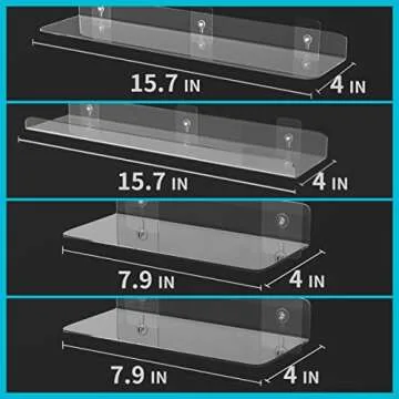 Acrylic Floating Shelves,Bathroom Shower Shelf,No Drill No Damage Wall Mounted,Clear Invisible,Renter Friendly Shelves Can Be Used in Bedroom, Kitchen, Living Room, Bathroom,Office (4 Pack)