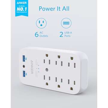 Anker Outlet Extender with Stepless Dimming Night Light,Surge Protector, Outlet Extender with 6 Outlets,2 USB Ports, 18W USB Wall Charger Plug for College Dorm Room, Home,Cruise and Kitchen,TUV Listed
