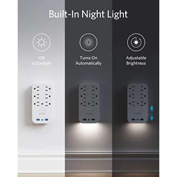 Anker Outlet Extender with Stepless Dimming Night Light,Surge Protector, Outlet Extender with 6 Outlets,2 USB Ports, 18W USB Wall Charger Plug for College Dorm Room, Home,Cruise and Kitchen,TUV Listed