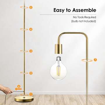 BoostArea Industrial Gold Standing Lamp, 63 Inch, E26 Socket, On/Off Footswitch, ETL Listed, Modern for Bedroom, Living Room, Minimalist, Vintage, Mid-Century, Boho, Metal