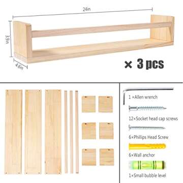 AZSKY Nursery Book Shelves 24 Inch Rustic Natural Wood Floating Shelves,Wall Book Shelves for Farmhouse,Bathroom Décor,Kitchen Spice Rack or Book Shelf Organizer for Home Décor,a Set of 3 Same Sizes