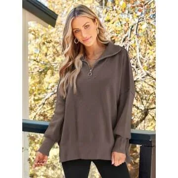 LILLUSORY Women's Oversized Sweaters 2024 Fall Fashion Zipper Up Collared Sweatshirts Knit Pullover Tops Outfits Clothes Nutmeg XL