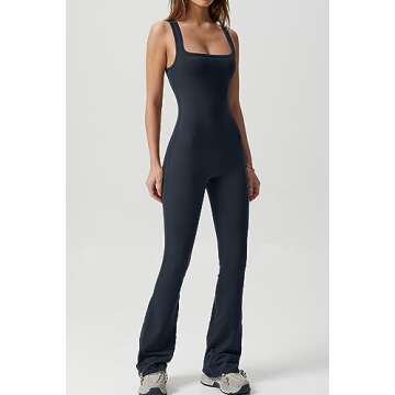 QINSEN Wide Leg Jumpsuits for Women Tank Square Neck Bodycon Full Length Casual Unitard Playsuit Navy Blue S