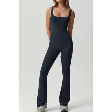 QINSEN Wide Leg Jumpsuits for Women Tank Square Neck Bodycon Full Length Casual Unitard Playsuit Navy Blue S