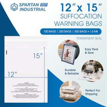 Spartan Industrial - 12” X 15” (100 Count) Self Seal Clear Poly Bags with Suffocation Warning for Packaging, T Shirts & Shipping - Permanent Adhesive