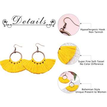 6 Pairs Tassel Earrings Hypoallergenic Big Hoop Dangle Fringe Boho Colorful Piercing Chandelier Statement Tortoise Shell Earring Sets for Women