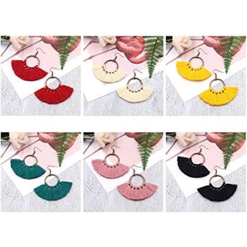 6 Pairs Tassel Earrings Hypoallergenic Big Hoop Dangle Fringe Boho Colorful Piercing Chandelier Statement Tortoise Shell Earring Sets for Women