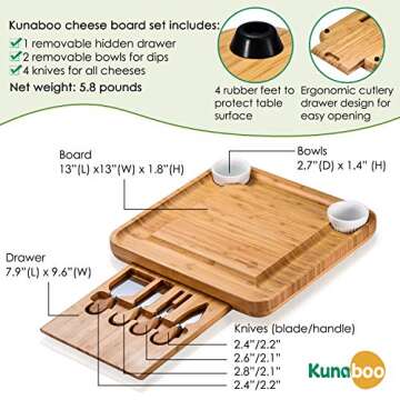 Kunaboo Bamboo Charcuterie Board Set - Climate Pledge Friendly Certified Cheese Board with Knife Set (FSC Certified eco-Friendly Bamboo)-Free Travel Canvas Bag-Premium Cheese Boards Set - Unique Gift
