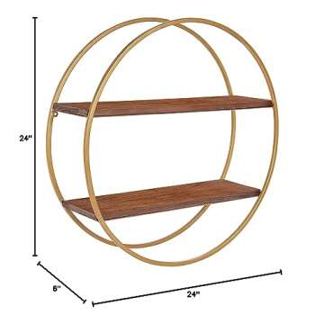 Kate and Laurel Sequoia Modern Round Wall Shelf, 24" Diameter, Walnut Brown Wood and Gold Metal, Mid-Century Modern Circular 2-Tier Floating Shelf Decor