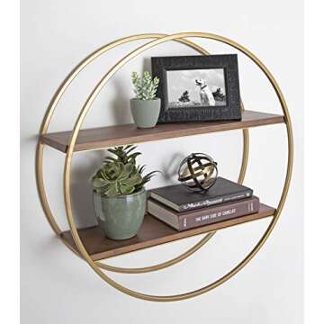 Kate and Laurel Sequoia Modern Round Wall Shelf, 24" Diameter, Walnut Brown Wood and Gold Metal, Mid-Century Modern Circular 2-Tier Floating Shelf Decor