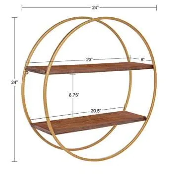 Kate and Laurel Sequoia Modern Round Wall Shelf, 24" Diameter, Walnut Brown Wood and Gold Metal, Mid-Century Modern Circular 2-Tier Floating Shelf Decor