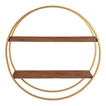 Kate and Laurel Sequoia Modern Round Wall Shelf, 24" Diameter, Walnut Brown Wood and Gold Metal, Mid-Century Modern Circular 2-Tier Floating Shelf Decor
