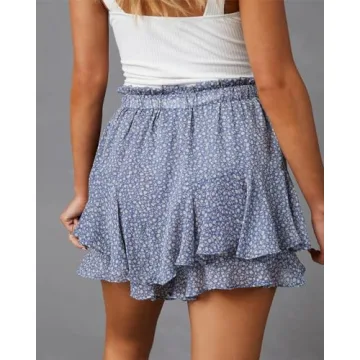 Aoudery Flowy Shorts for Women Casual Boho Floral Skorts Ruffle Mini Skirts Running Tennis Butterfly Shorts Double Layer Chiffon Shorts - Floral Blue XS