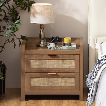 SICOTAS Stylish Rattan Nightstand with Charging Station