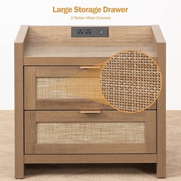 SICOTAS Stylish Rattan Nightstand with Charging Station