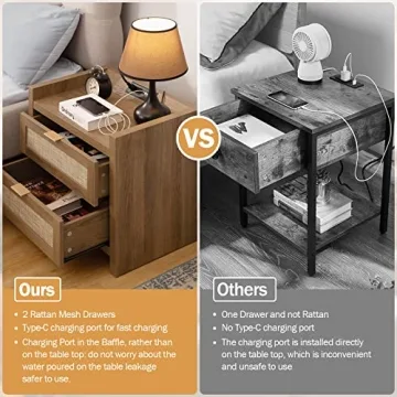 SICOTAS Stylish Rattan Nightstand with Charging Station