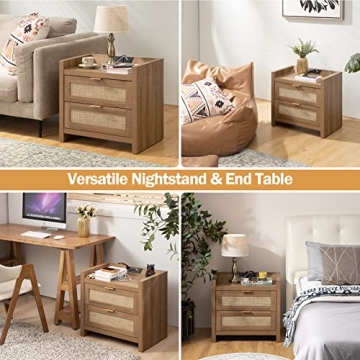 SICOTAS Stylish Rattan Nightstand with Charging Station