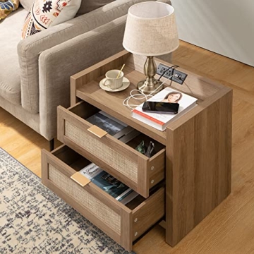 SICOTAS Stylish Rattan Nightstand with Charging Station