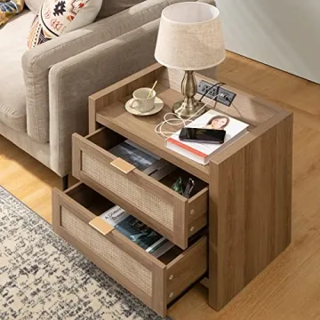 SICOTAS Stylish Rattan Nightstand with Charging Station