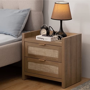 SICOTAS Stylish Rattan Nightstand with Charging Station