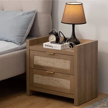 SICOTAS Stylish Rattan Nightstand with Charging Station
