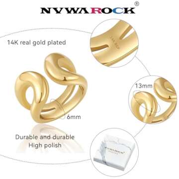 NVWAROCK Gold Chunky Bands Ring 14K Real Gold Plated Open Statement Rings for Women and Men Double L...