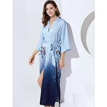 PRODESIGN Long Kimono Robe Satin Sleepwear Gradient Watercolor Silky Kimono Nightgown Bathrobe Kimono Blouse Cardigan