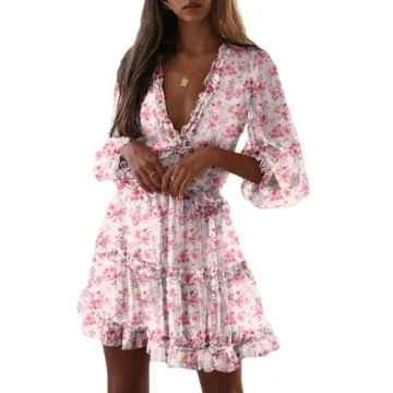 Dokotoo Womens Casual Summer Spring Deep V Neck Long Sleeve Print Short Mini Dress Skater A Line Dre...